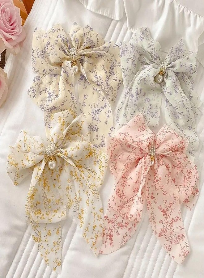 Ashkash 1Pcs Large Floral Ribbon Bow Hair Clips With Faux Pearls, Elegant & Sweet Style, Oversized Back Head Duckbill Clip Accessories - Multicolor - Image 1