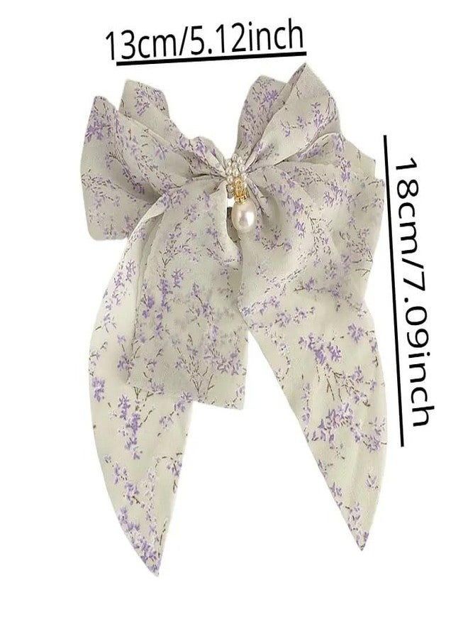 Ashkash 1Pcs Large Floral Ribbon Bow Hair Clips With Faux Pearls, Elegant & Sweet Style, Oversized Back Head Duckbill Clip Accessories - Multicolor - Image 2
