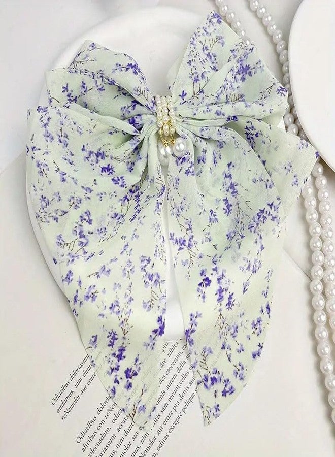 Ashkash 1Pcs Large Floral Ribbon Bow Hair Clips With Faux Pearls, Elegant & Sweet Style, Oversized Back Head Duckbill Clip Accessories - Multicolor - Image 5