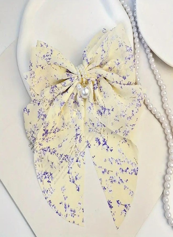 Ashkash 1Pcs Large Floral Ribbon Bow Hair Clips With Faux Pearls, Elegant & Sweet Style, Oversized Back Head Duckbill Clip Accessories - Multicolor - Image 4