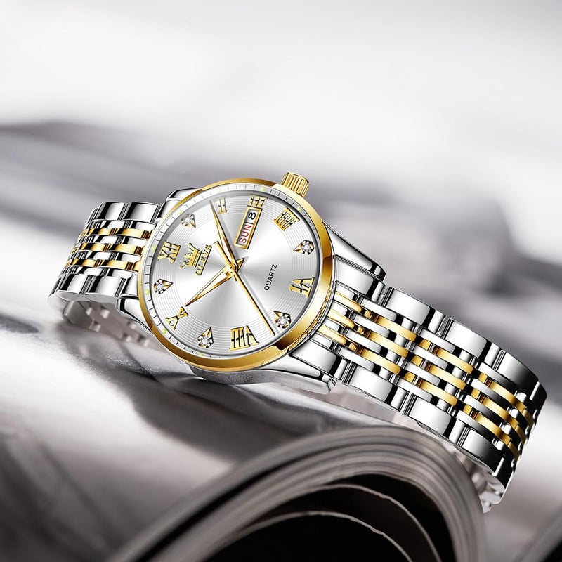 OLEVS Ladies Watches Silver Gold Small Watches for Women Fashion Two Tone Women's Watches Luminous Waterproof Watch Women with Date Diamond Watch Women - Image 4