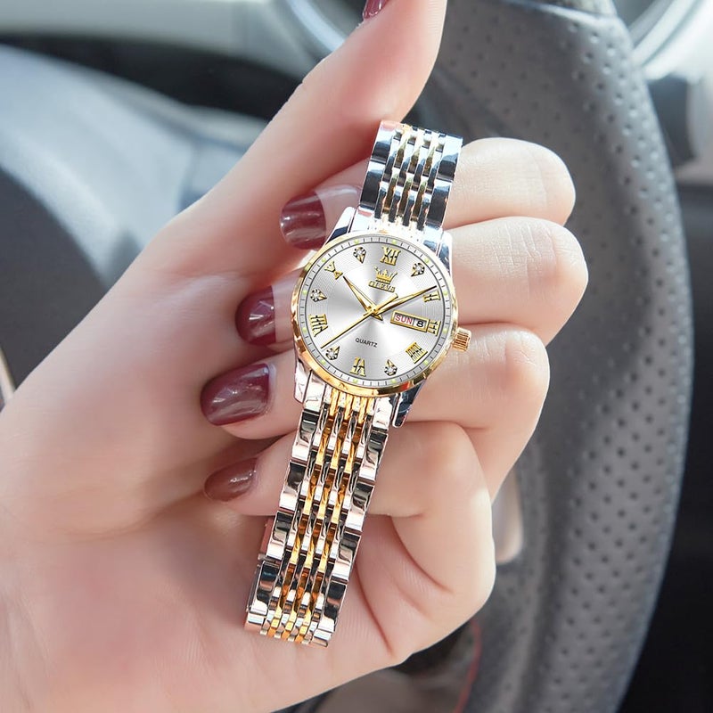 OLEVS Ladies Watches Silver Gold Small Watches for Women Fashion Two Tone Women's Watches Luminous Waterproof Watch Women with Date Diamond Watch Women - Image 3