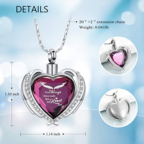 Imrsanl Cremation Jewelry Angel Wing Heart Urn Pendant Necklaces for Women Crystals Urns for Human Ashes Memorial Locket Keepsake Ashes Jewelry (Wings-Purple) - Image 2