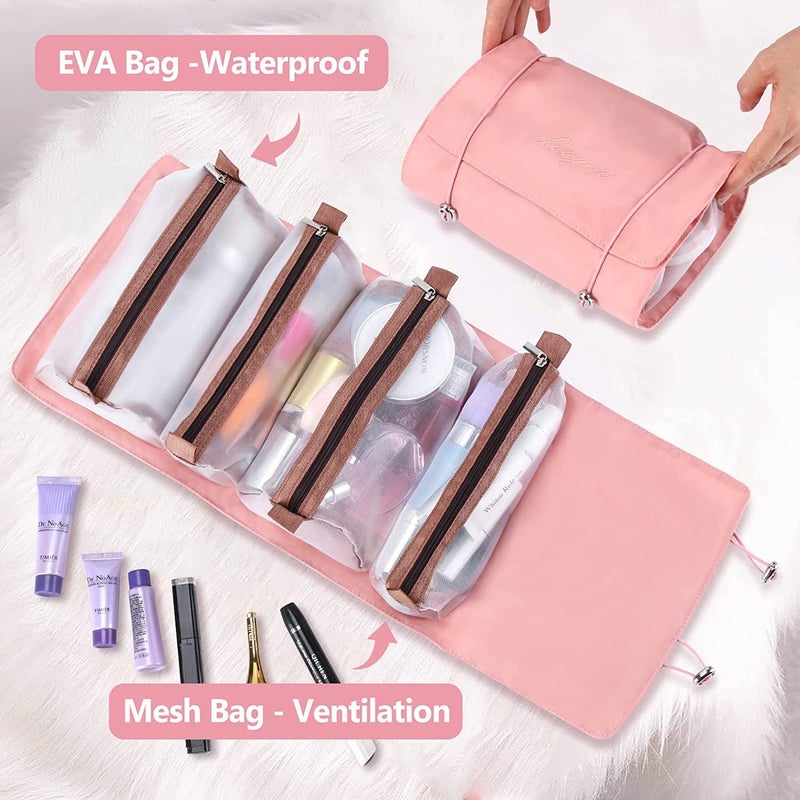 Afrodite Hanging Roll Up Travel Toiletry Bag For Women, Makeup Bag Travel Organizer Cosmetic Bag, 4 Removable Storage Bags, Waterproof, First Aid, Bathroom, Palette/Brush Holder, Peach - Image 4
