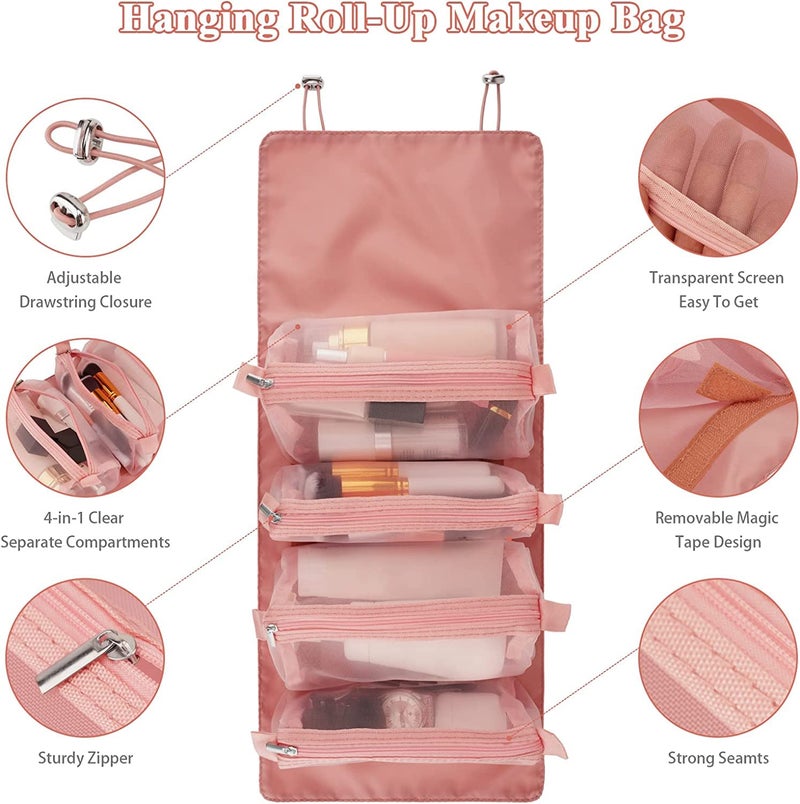 Afrodite Hanging Roll Up Travel Toiletry Bag For Women, Makeup Bag Travel Organizer Cosmetic Bag, 4 Removable Storage Bags, Waterproof, First Aid, Bathroom, Palette/Brush Holder, Peach - Image 3