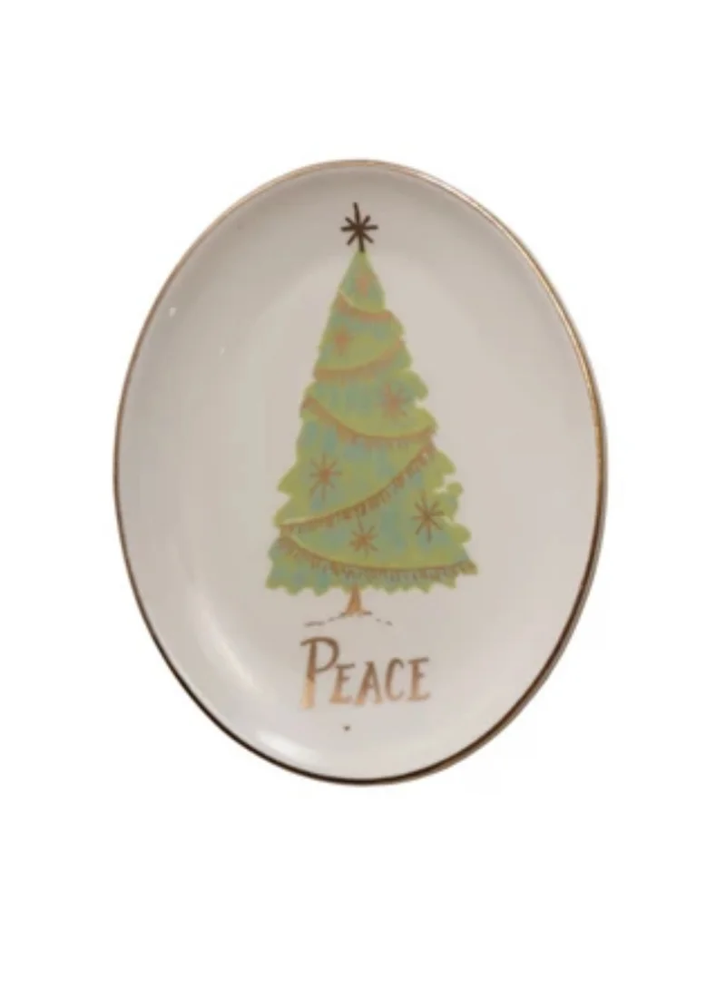The Saffron Souk Oval Stoneware Dish with Christmas Tree - peace