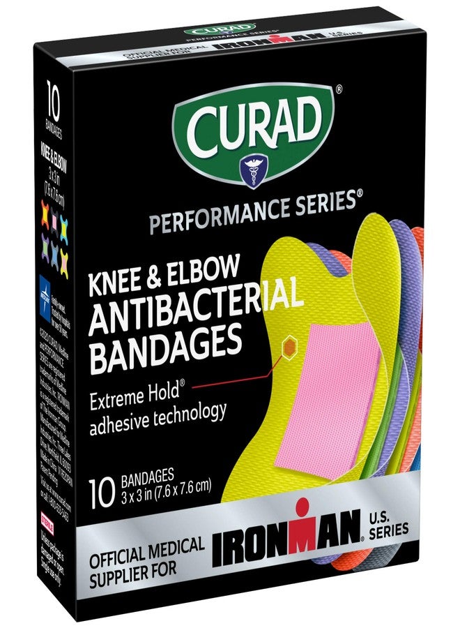 CURAD Performance Series IRONMAN Antibacterial Bandages, Extreme Hold Adhesive Technology, Knee & Elbow 3 inches x 3 inches, 10 Count, Ideal for Cuts, Scrapes, Sports, and Active Lifestyles - Image 1