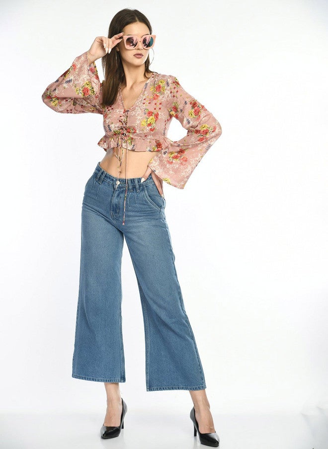 Pretilly Floral Printed Bell Sleeve Crop Top for Women - Image 4