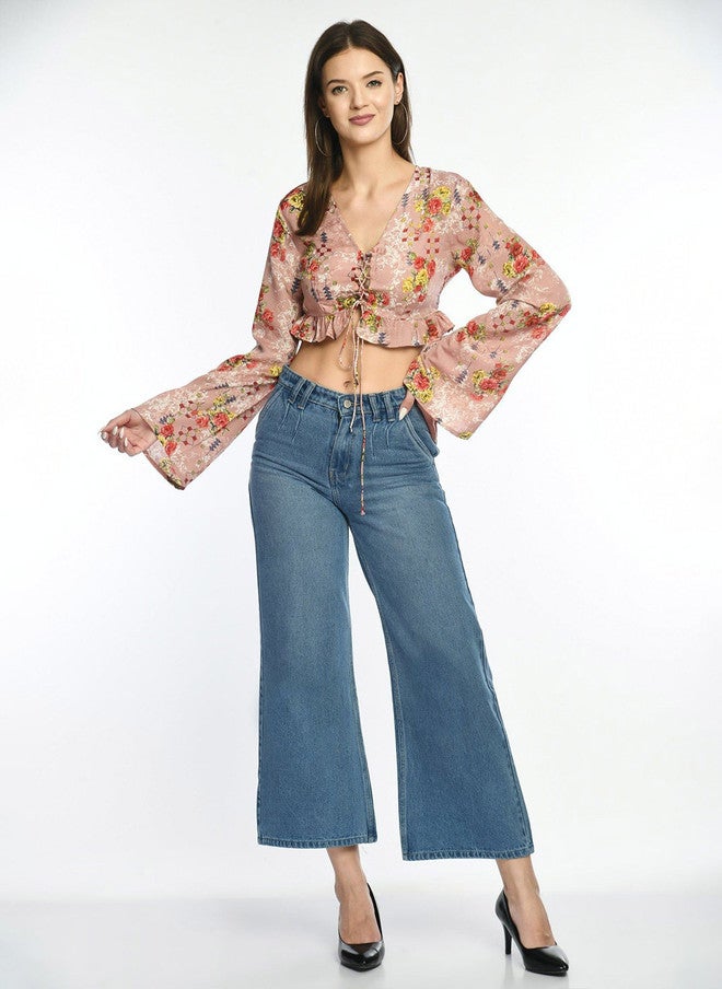Pretilly Floral Printed Bell Sleeve Crop Top for Women - Image 2