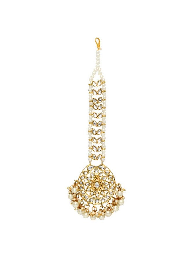 Peora Gold Plated White Kundan Pearl Maang Tikka Matha Patti for Women - Image 4