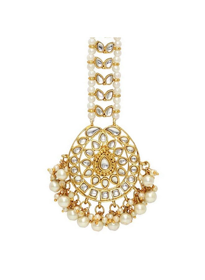 Peora Gold Plated White Kundan Pearl Maang Tikka Matha Patti for Women - Image 1