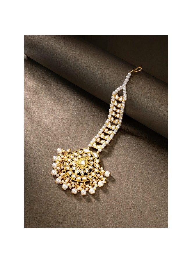 Peora Gold Plated White Kundan Pearl Maang Tikka Matha Patti for Women - Image 2