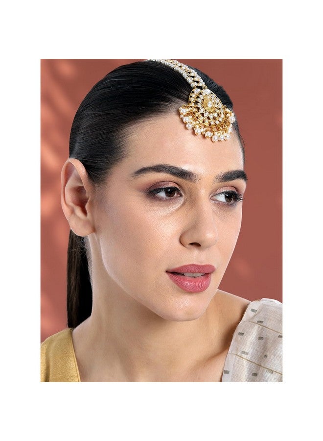 Peora Gold Plated White Kundan Pearl Maang Tikka Matha Patti for Women - Image 3
