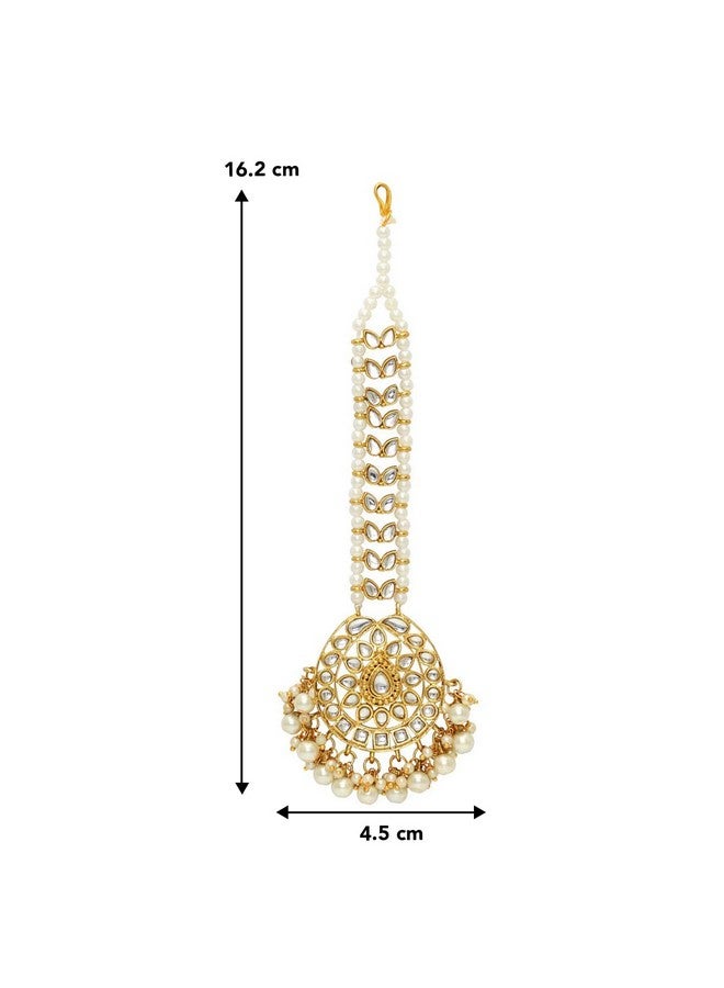 Peora Gold Plated White Kundan Pearl Maang Tikka Matha Patti for Women - Image 5