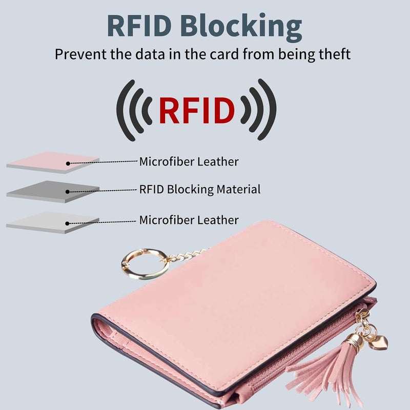 Gostwo Wallet Women, Bifold Leather Small Wallets Woman, Slim RFID Credit Card Wallet with ID Window and Zippered Coin Pocket, Cute Small Wallet with Tassel for Girls Teens Ladies, Pink - Image 2