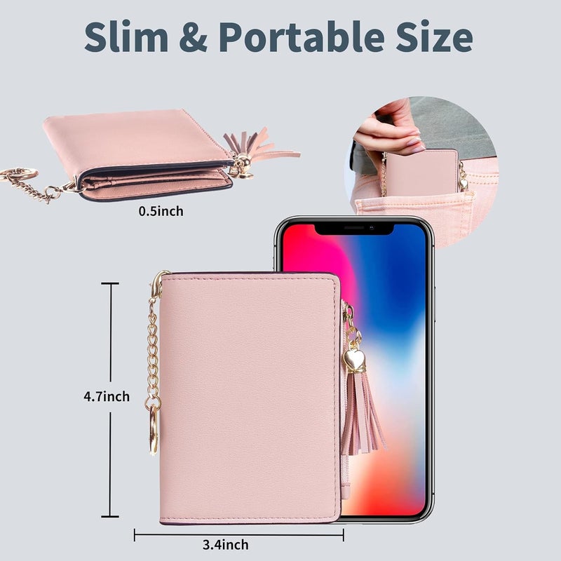Gostwo Wallet Women, Bifold Leather Small Wallets Woman, Slim RFID Credit Card Wallet with ID Window and Zippered Coin Pocket, Cute Small Wallet with Tassel for Girls Teens Ladies, Pink - Image 4