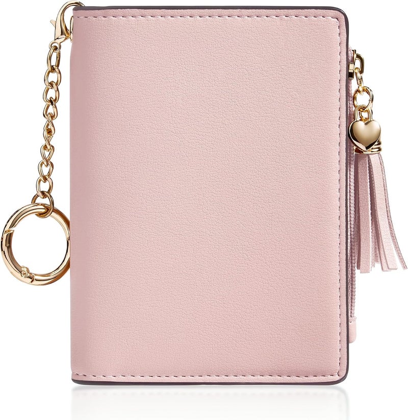 Gostwo Wallet Women, Bifold Leather Small Wallets Woman, Slim RFID Credit Card Wallet with ID Window and Zippered Coin Pocket, Cute Small Wallet with Tassel for Girls Teens Ladies, Pink - Image 1