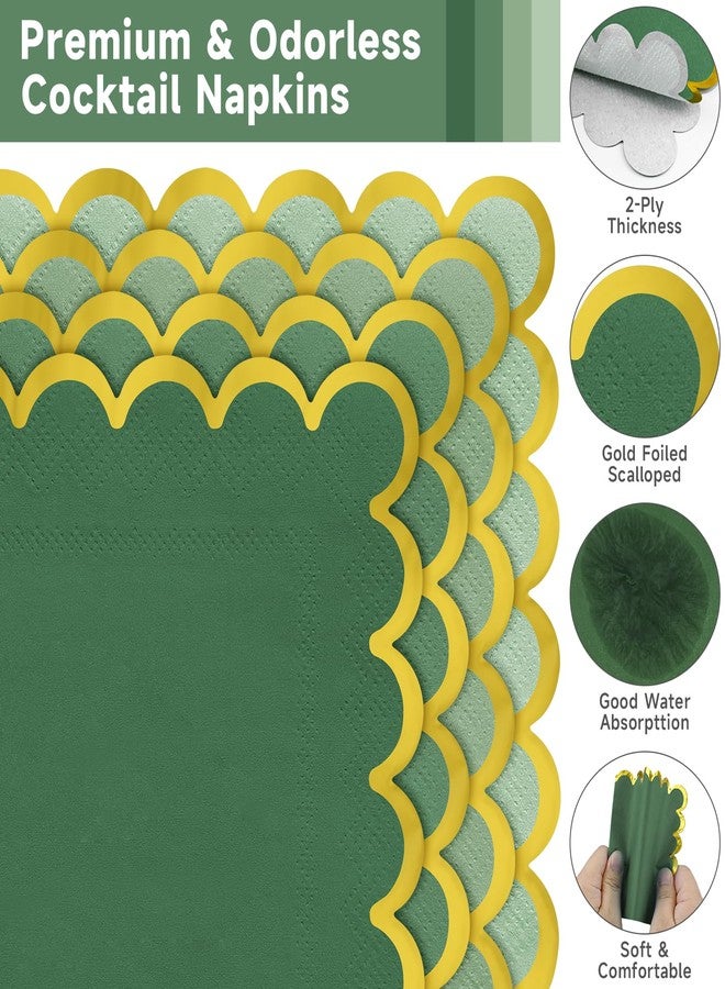 pyntop 100pack Green Cocktail Napkins - 5 Inch Disposable Dinner Napkins with Gold Foiled Scalloped Edges, Elegant Paper Napkin Beverage Napkin for Wedding, Baby Shower, Bridal Shower, Holiday Party - Image 3