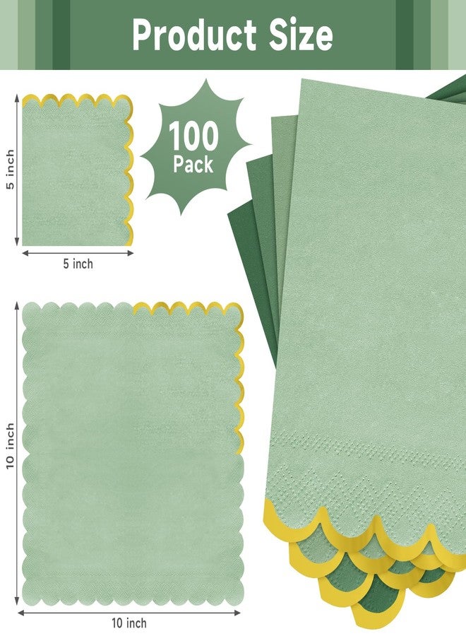 pyntop 100pack Green Cocktail Napkins - 5 Inch Disposable Dinner Napkins with Gold Foiled Scalloped Edges, Elegant Paper Napkin Beverage Napkin for Wedding, Baby Shower, Bridal Shower, Holiday Party - Image 2