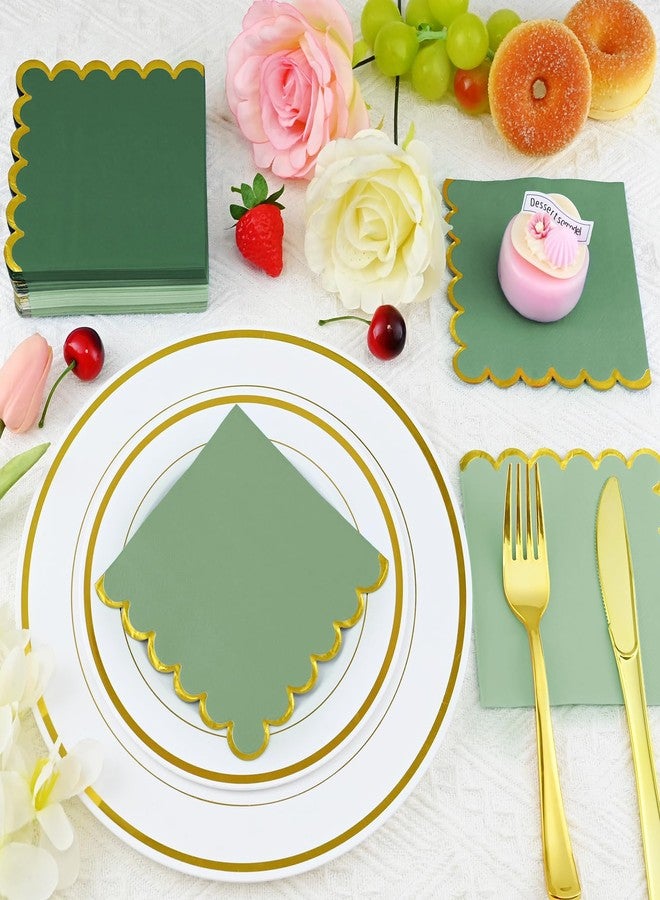pyntop 100pack Green Cocktail Napkins - 5 Inch Disposable Dinner Napkins with Gold Foiled Scalloped Edges, Elegant Paper Napkin Beverage Napkin for Wedding, Baby Shower, Bridal Shower, Holiday Party - Image 4