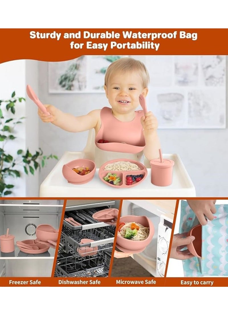 UREVO Silicone Baby Feeding Set 8 Pcs with Suction Bowl Divided Plate Self Feeding Spoons Forks Sippy Cup Adjustable Bib Pink for 6+ Months Everyday Use Baby Led Weaning Toddler Meal Time - Image 2