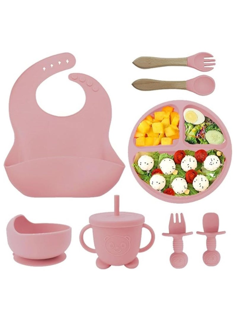 UREVO Silicone Baby Feeding Set 8 Pcs with Suction Bowl Divided Plate Self Feeding Spoons Forks Sippy Cup Adjustable Bib Pink for 6+ Months Everyday Use Baby Led Weaning Toddler Meal Time - Image 1