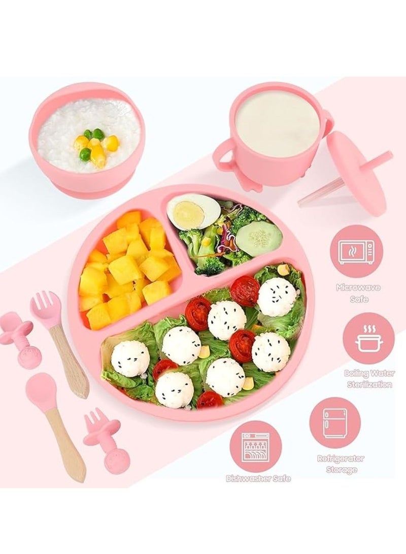 UREVO Silicone Baby Feeding Set 8 Pcs with Suction Bowl Divided Plate Self Feeding Spoons Forks Sippy Cup Adjustable Bib Pink for 6+ Months Everyday Use Baby Led Weaning Toddler Meal Time - Image 3