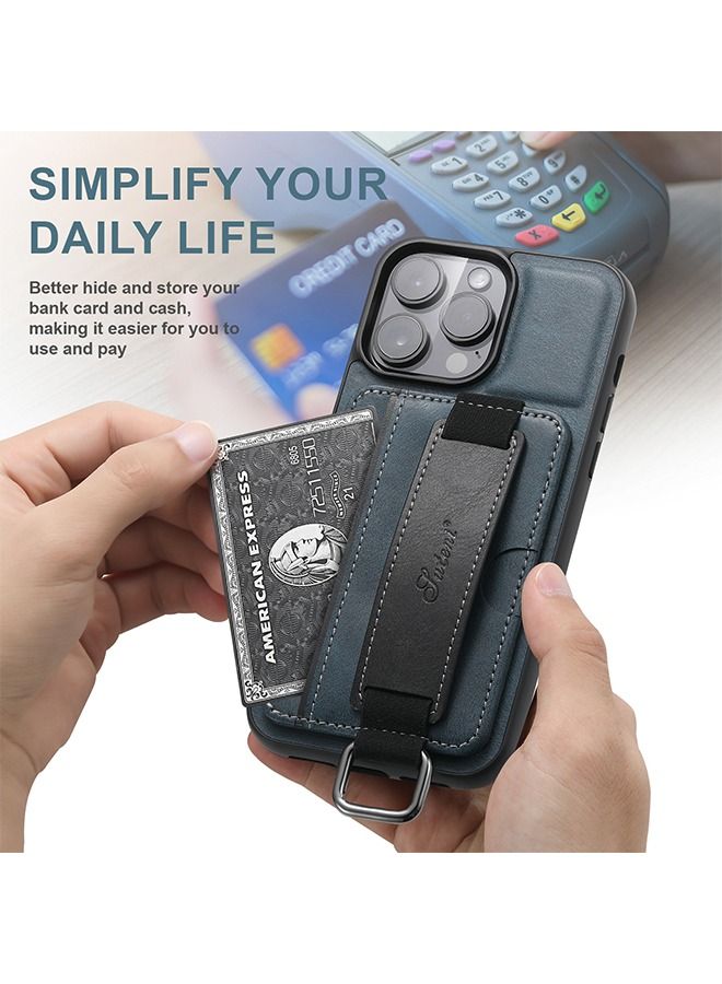 Suteni iPhone 15 Pro Wallet Case Cover with Phone Holder and Hand Strap, Anti-scratch Shockproof Protective Leather Kickstand Card Slots Back Case Accessories Protection Protector for iPhone 15 Pro  - Image 4