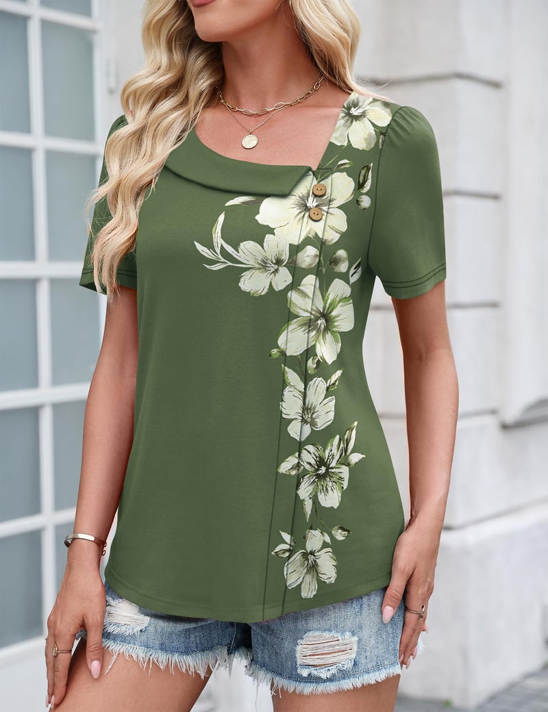LUYAA Summer Clothing Ladies Tops and Blouses Trendy Floral Print Short Sleeve Boho Tshirt Casual Loose Fit Button Blouses Green White Floral L - Image 2