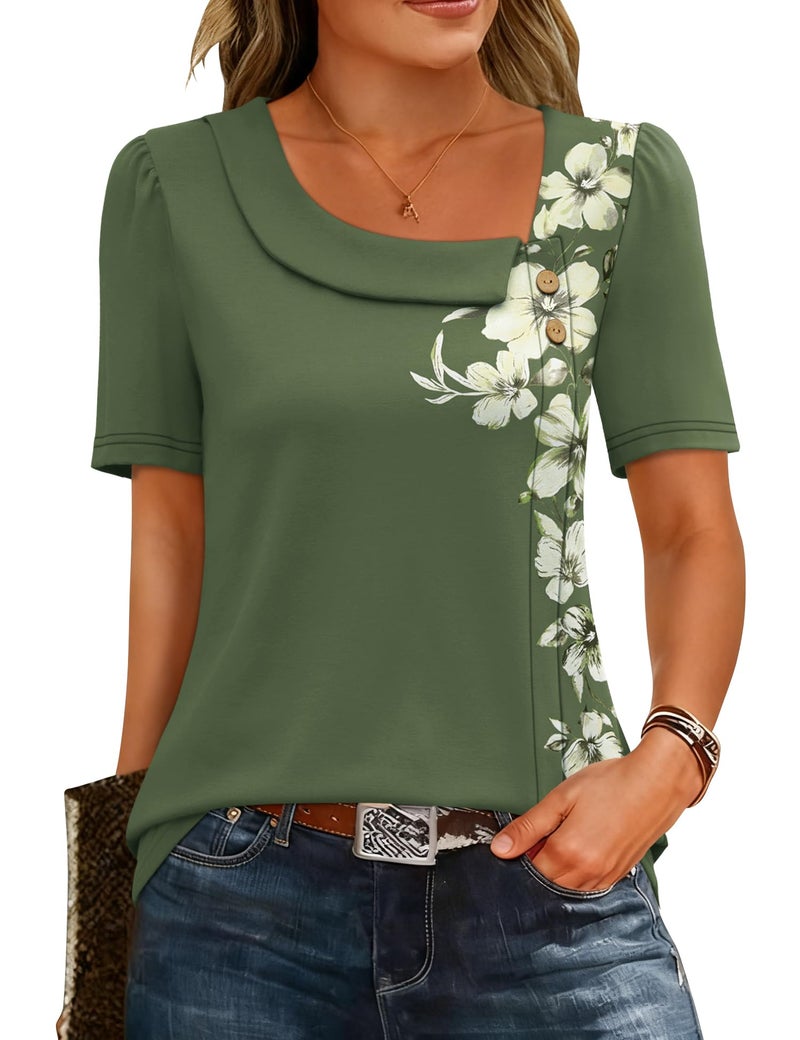 LUYAA Summer Clothing Ladies Tops and Blouses Trendy Floral Print Short Sleeve Boho Tshirt Casual Loose Fit Button Blouses Green White Floral L - Image 1