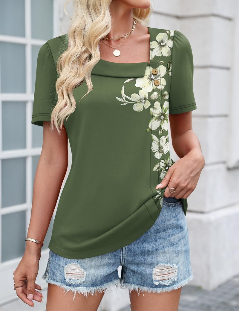 LUYAA Summer Clothing Ladies Tops and Blouses Trendy Floral Print Short Sleeve Boho Tshirt Casual Loose Fit Button Blouses Green White Floral L - Image 3