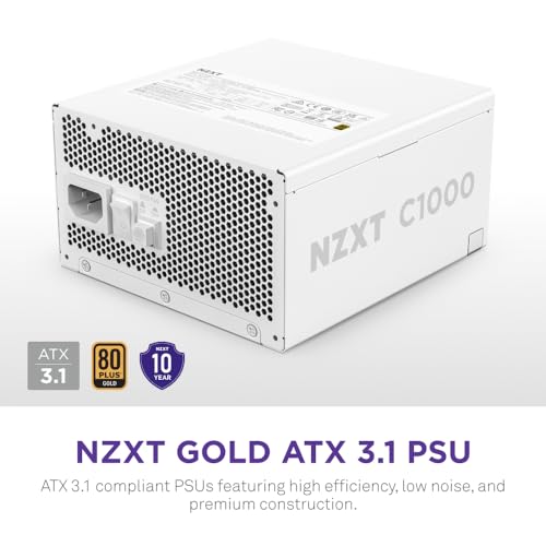 NZXT C1000 Gold ATX 3.1 - مزود طاقة ألعاب حاسوب منخفض الضوضاء بالكامل قابل للتعديل - 1000 واط - 80 بلس جولد - 12V-2x6 موصل - وضع المروحة الصفرية - 100% مكثفات يابانية - أبيض - Image 2