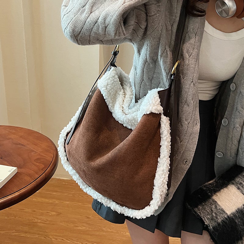 Vintage Frosted Large Capacity Suede Bag Women'S 2024 Winter New All-Match Crossbody Women'S Bag Shoulder Bucket Bag - Image 4