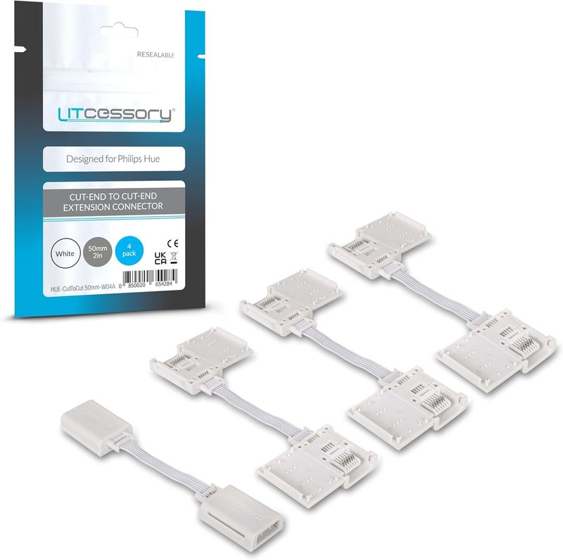 Litcessory Cut-End to Cut-End Extension Connector for Philips Hue/Solo Lightstrip (2in, 4 Pack, White - Micro 6-PIN V4 / Solo Lightstrip) - Image 1