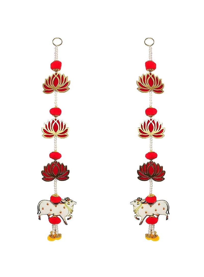 Pinoozclub Pinoozclub Handmade MDF Cow Pichwai with Lotus Cutouts and Pom Poms Backdrop Hangings for Decorations1 Pair MDF Floral Wall Hangings for Temple Decor Main Door Entrance - Image 1