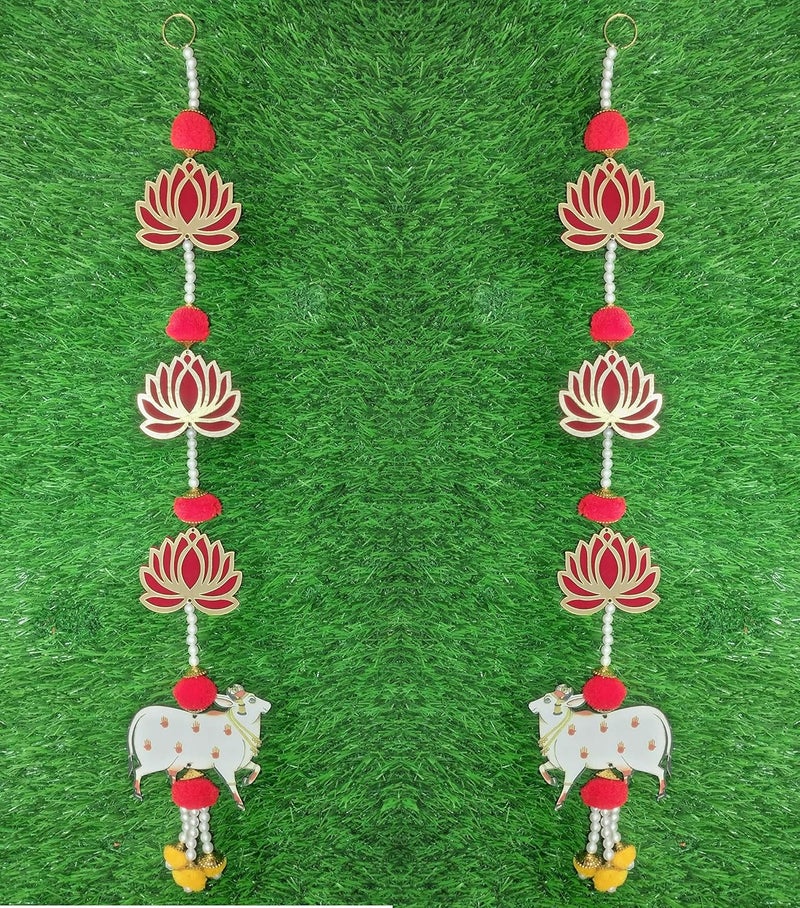 Pinoozclub Pinoozclub Handmade MDF Cow Pichwai with Lotus Cutouts and Pom Poms Backdrop Hangings for Decorations1 Pair MDF Floral Wall Hangings for Temple Decor Main Door Entrance - Image 2