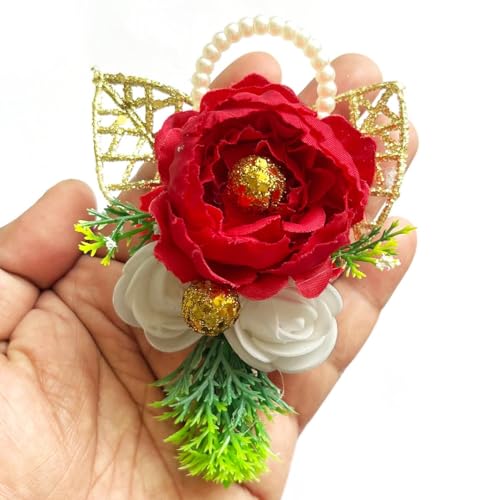 ADIKALA™ Handmade Artificial Big Peony and Foam Flowers Bunch for Trousseau Packing, Ready to use Flower Brooch Hamper for Decoration, Gift Wrapping Flowers (6, Red) - Image 1