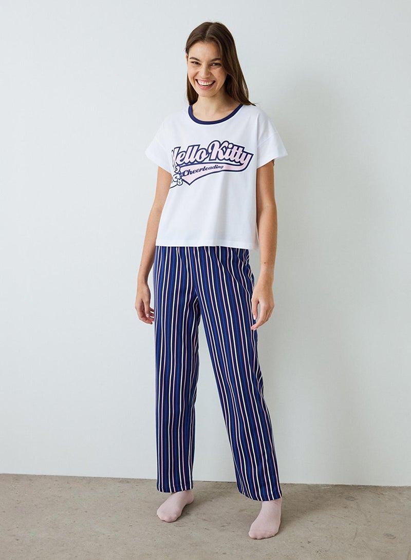 بنتي طقم بيجامة قطن مخطط بأكمام قصيرة ورقبة دائرية هالو كيتي - Image 1