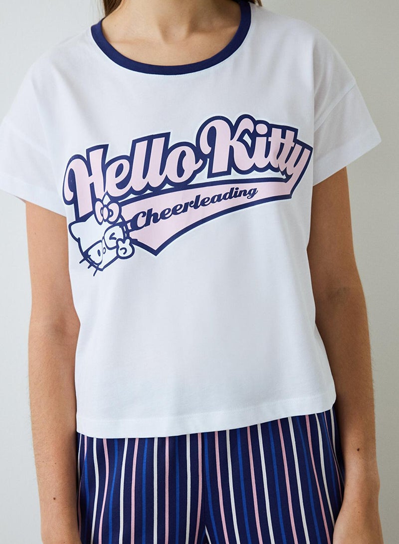 بنتي طقم بيجامة قطن مخطط بأكمام قصيرة ورقبة دائرية هالو كيتي - Image 3