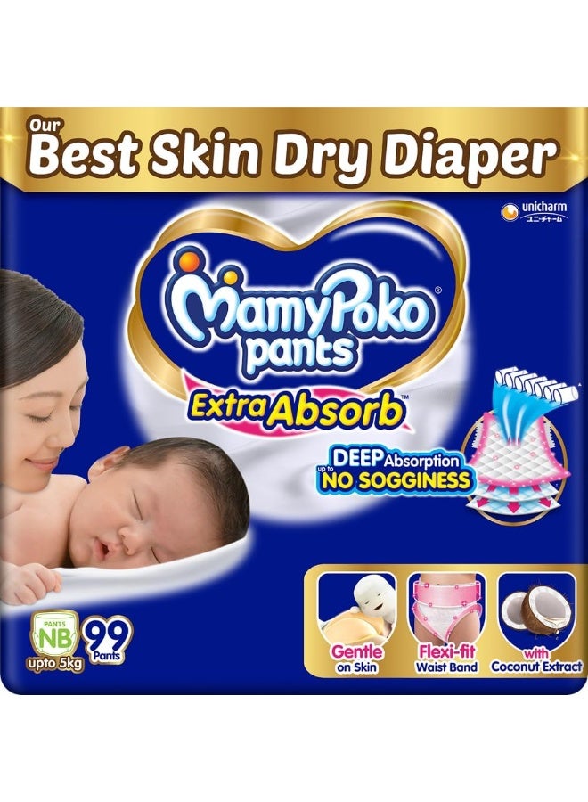 MamyPoko Pants Extra Absorb Baby Diapers, New Born/X-Small | 0-5 kg | 99 Count |Deep Sleep Diapers| Soft Gentle fit |Deep Absorbent Crisscross | Skin Friendly with Coconut Oil |