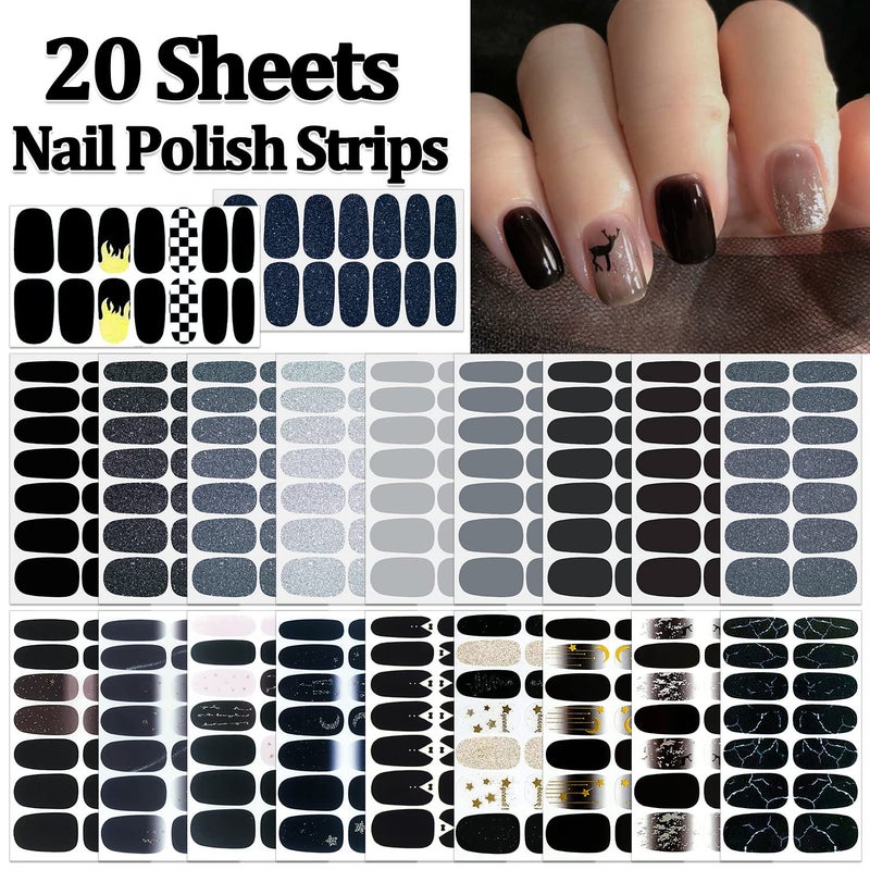 SILPECWEE 20 Sheets Black Style Nail Wraps for Women Stick on Nail Polish Strips Glitter Solid Color Self Adhesive Nail Polish Stickers Fingernail Manicure Sticker Nail Art with 1pc Nail File - Image 2