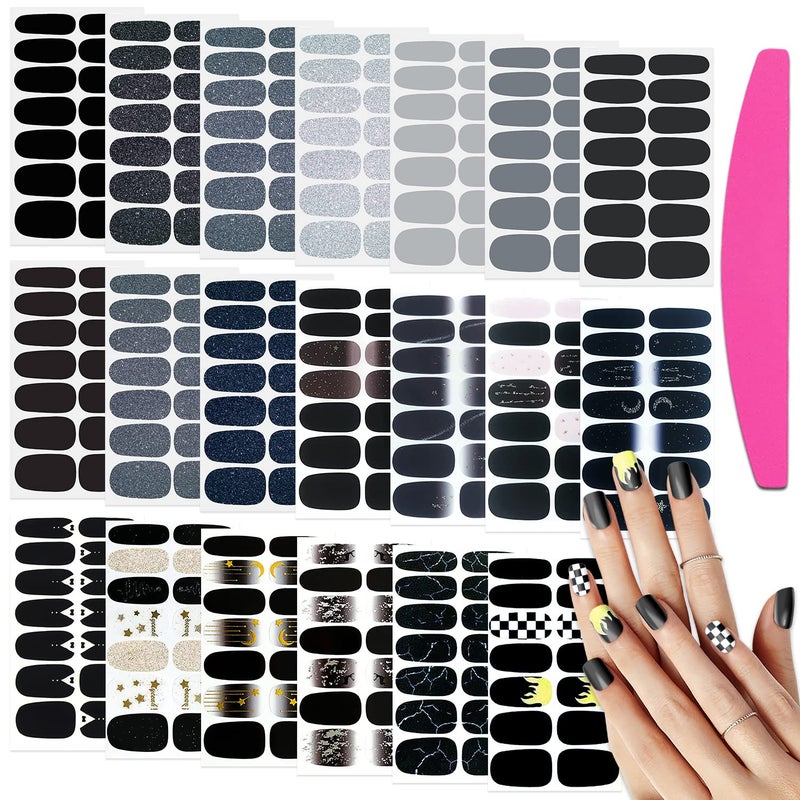 SILPECWEE 20 Sheets Black Style Nail Wraps for Women Stick on Nail Polish Strips Glitter Solid Color Self Adhesive Nail Polish Stickers Fingernail Manicure Sticker Nail Art with 1pc Nail File - Image 1