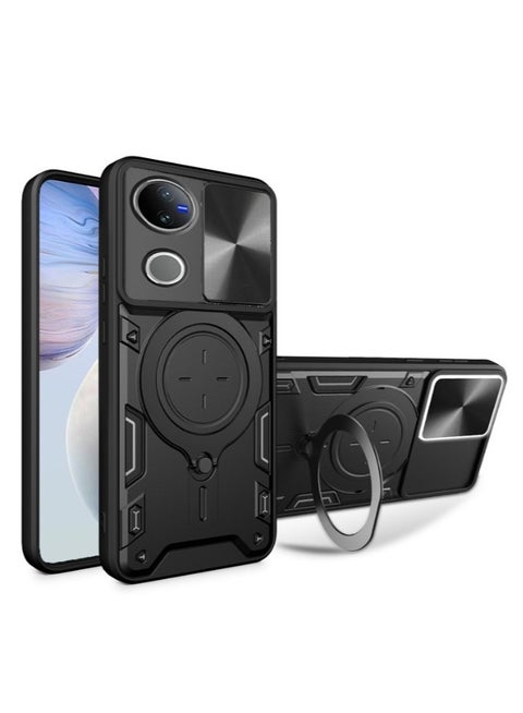 for vivo V50 AI 5G Case, Slide Camera Lens Cover, Magnetic Ring Holder Kickstand Protective Phone Case for vivo V50 AI 5G, Black