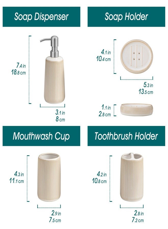 vancasso Ceramic Bathroom Accessories Set 4 Piece, Soap Dispenser with Stainless Steel Pump, Toothbrush Holder, Tumbler and Soap Dish, Modern Relief Design, Bathroom Decor Organizer, Beige-White - Image 2