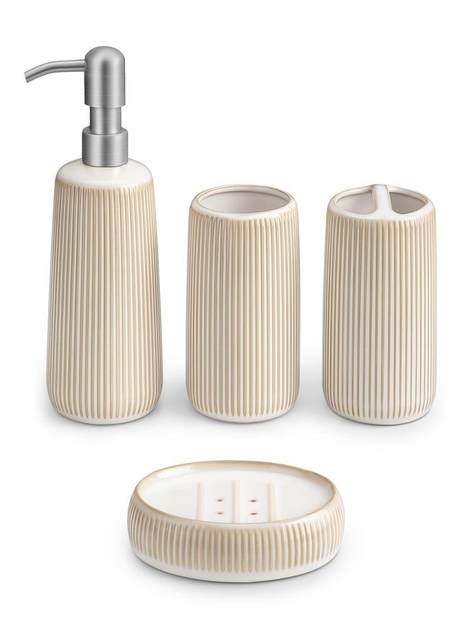vancasso Ceramic Bathroom Accessories Set 4 Piece, Soap Dispenser with Stainless Steel Pump, Toothbrush Holder, Tumbler and Soap Dish, Modern Relief Design, Bathroom Decor Organizer, Beige-White - Image 1