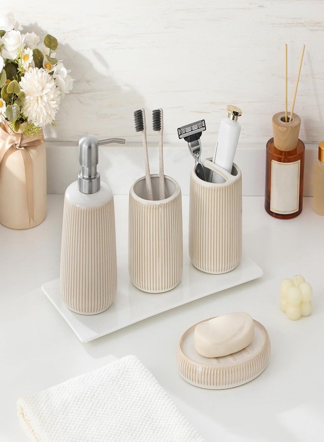 vancasso Ceramic Bathroom Accessories Set 4 Piece, Soap Dispenser with Stainless Steel Pump, Toothbrush Holder, Tumbler and Soap Dish, Modern Relief Design, Bathroom Decor Organizer, Beige-White - Image 3