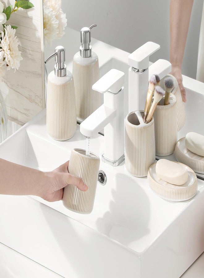 vancasso Ceramic Bathroom Accessories Set 4 Piece, Soap Dispenser with Stainless Steel Pump, Toothbrush Holder, Tumbler and Soap Dish, Modern Relief Design, Bathroom Decor Organizer, Beige-White - Image 4