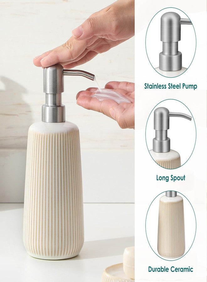 vancasso Ceramic Bathroom Accessories Set 4 Piece, Soap Dispenser with Stainless Steel Pump, Toothbrush Holder, Tumbler and Soap Dish, Modern Relief Design, Bathroom Decor Organizer, Beige-White - Image 5