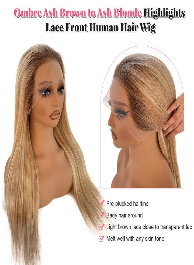 Smartinnov Balayage Blonde Human Hair with Light Brown Roots 24 Inch Ash Blonde to Platinum Blonde Human Hair Wigs 13x4 HD Transparent lace Front Wigs Pre Plucked Ombre Blonde Highlight Real Hair Wig for Women - Image 3
