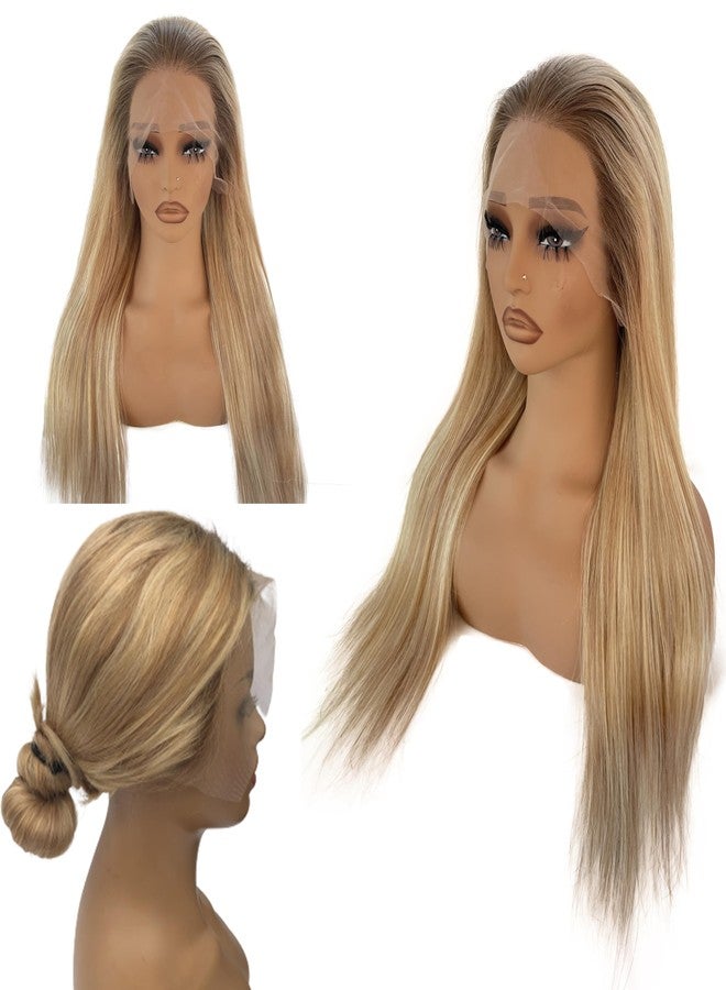 Smartinnov Balayage Blonde Human Hair with Light Brown Roots 24 Inch Ash Blonde to Platinum Blonde Human Hair Wigs 13x4 HD Transparent lace Front Wigs Pre Plucked Ombre Blonde Highlight Real Hair Wig for Women - Image 5